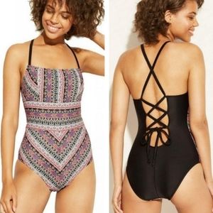 Kona Sol Strappy Lace Up Back One Piece Swimsuit Medium